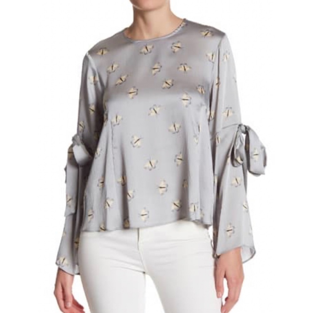 Topshop Crinkled Moth Print Bell Sleeve Blouse Top